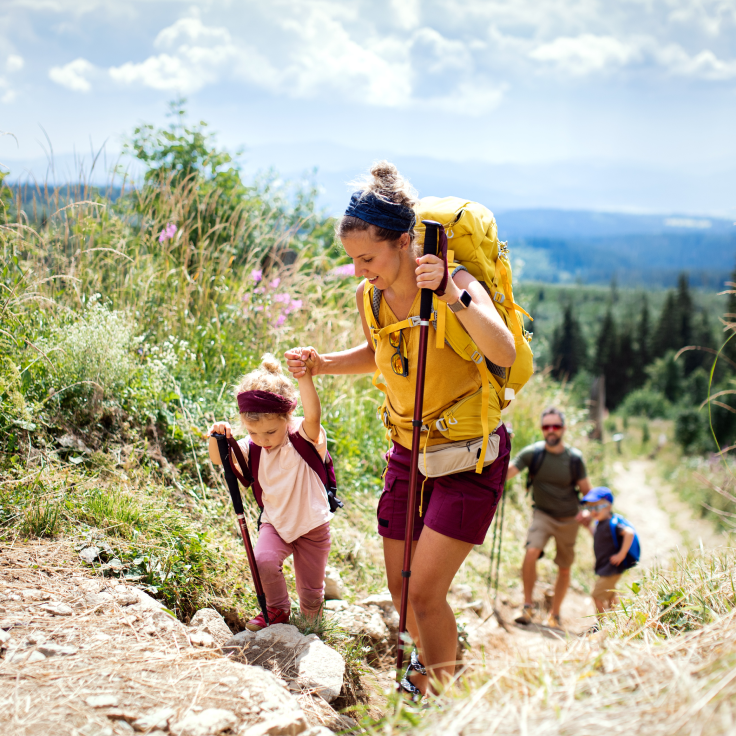 Family hiking walking poles