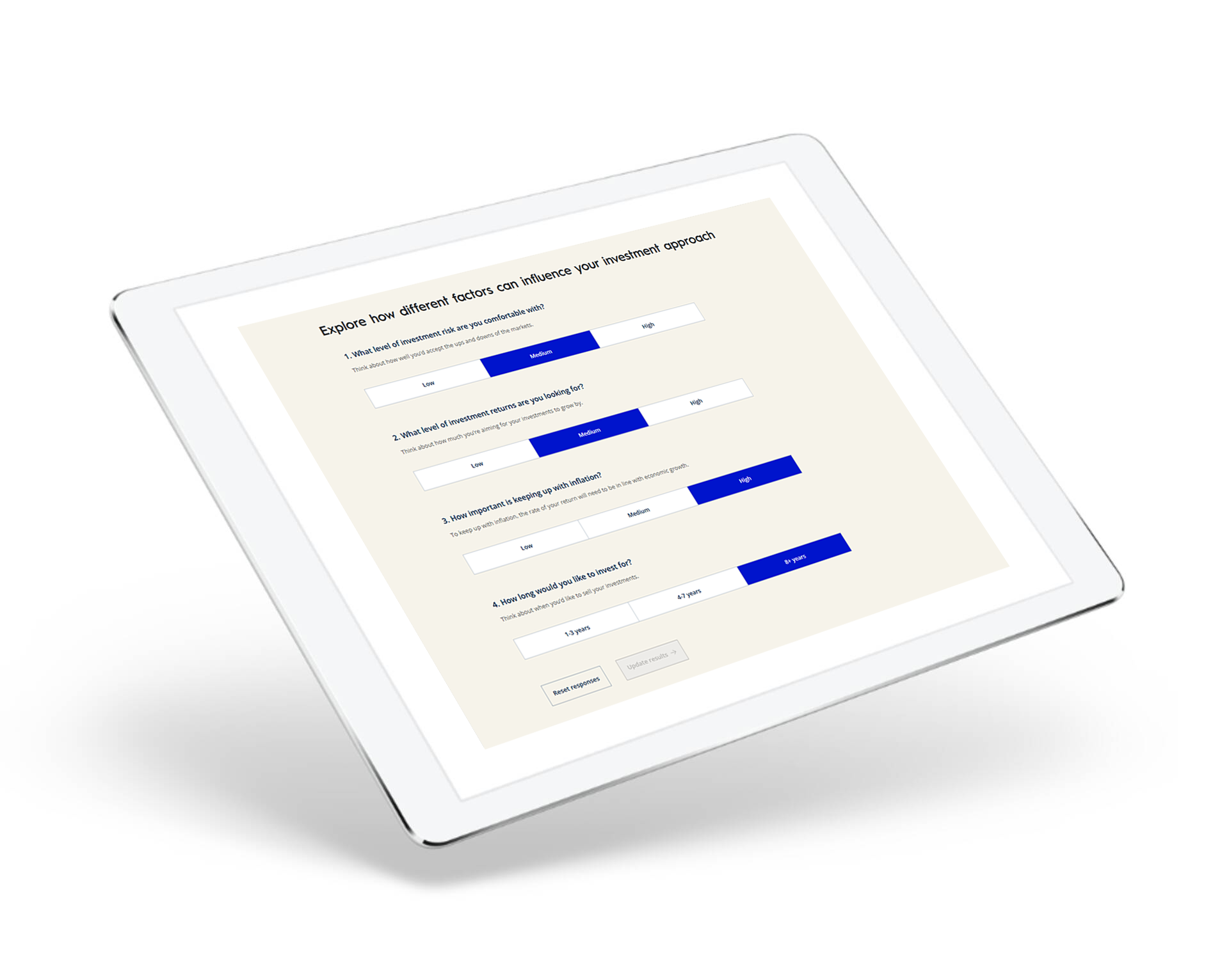 Investment profiler screen on tablet