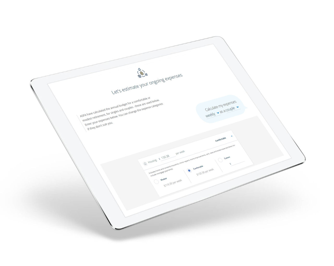 Retirement needs calculator screen on tablet