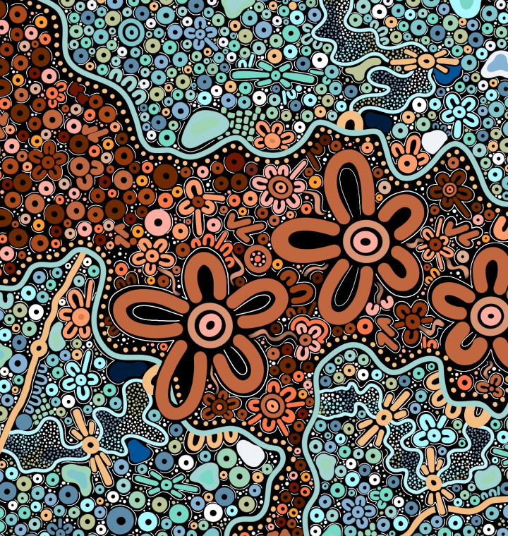 Abstract artwork with bold floral shapes and colorful patterns