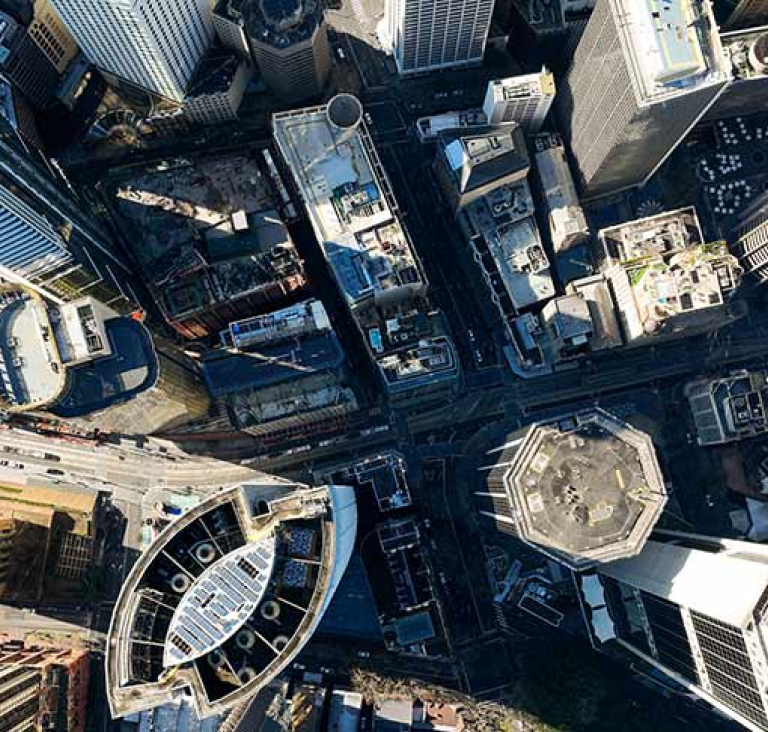 Birds eye view of city skyscrapers