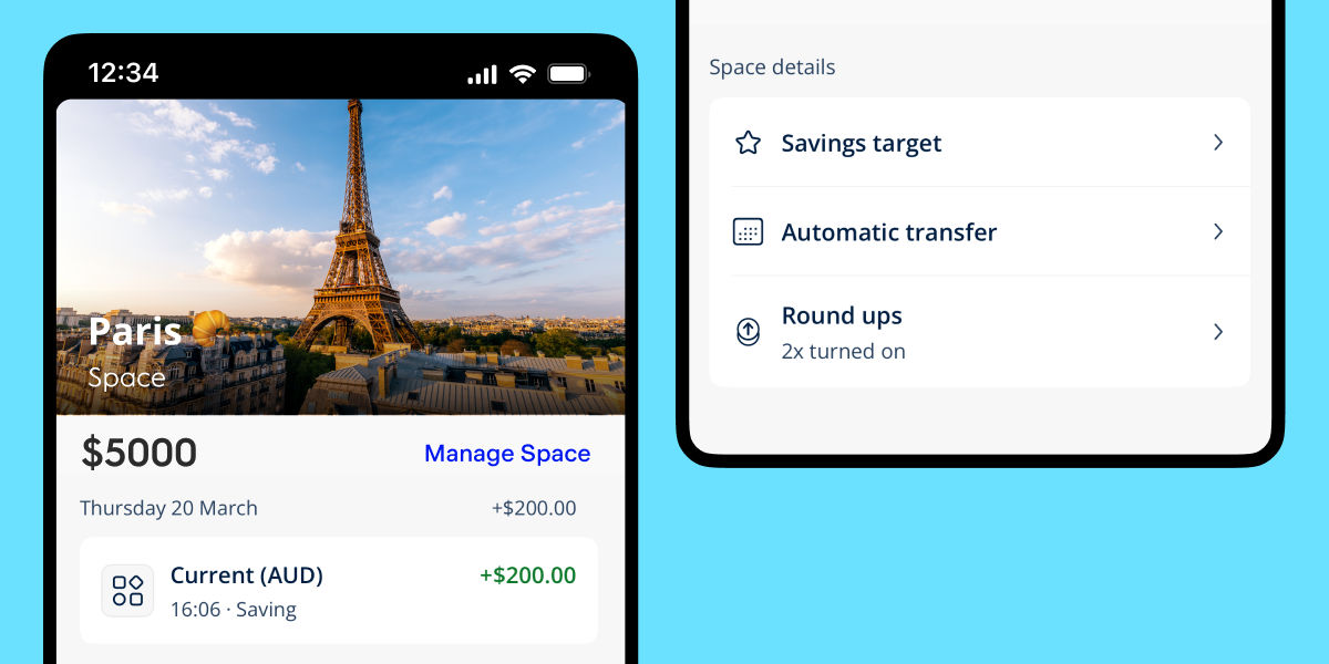 Image of the AMP Bank app Spaces feature