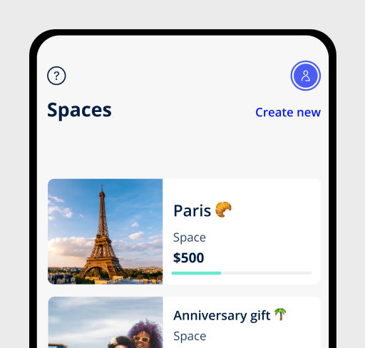 Image of a phone showing the AMP Bank app and it's Spaces feature, with a Space for saving for Paris