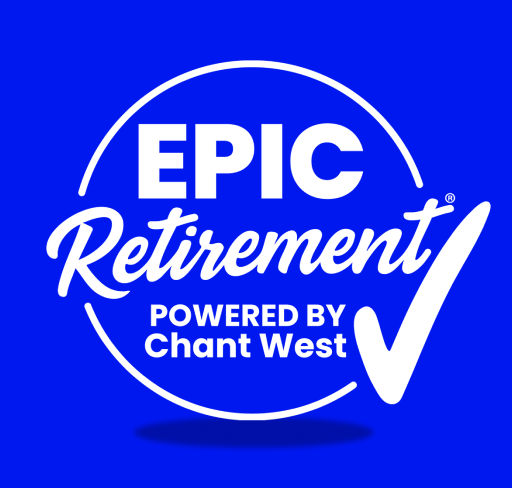 Blue and white logo featuring the text EPIC Retirment Tick Powered by Chant West