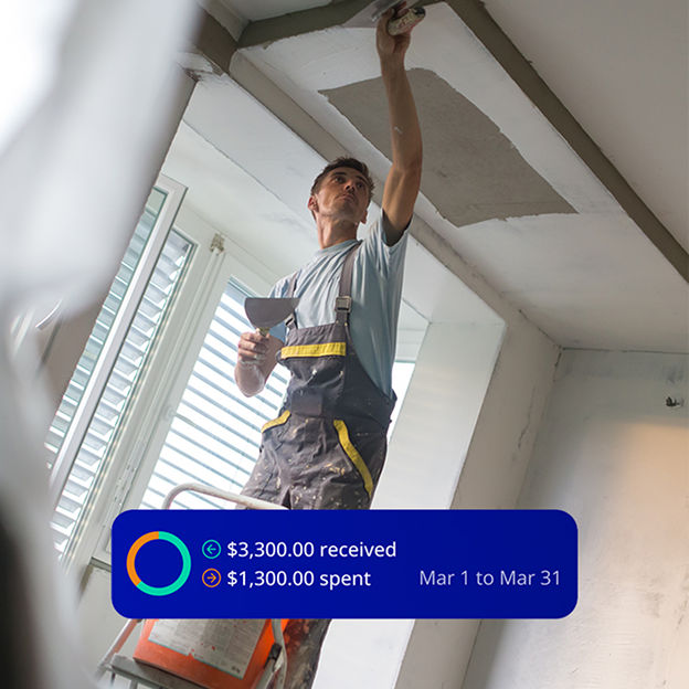 A man working indoors on a ladder with an overlay