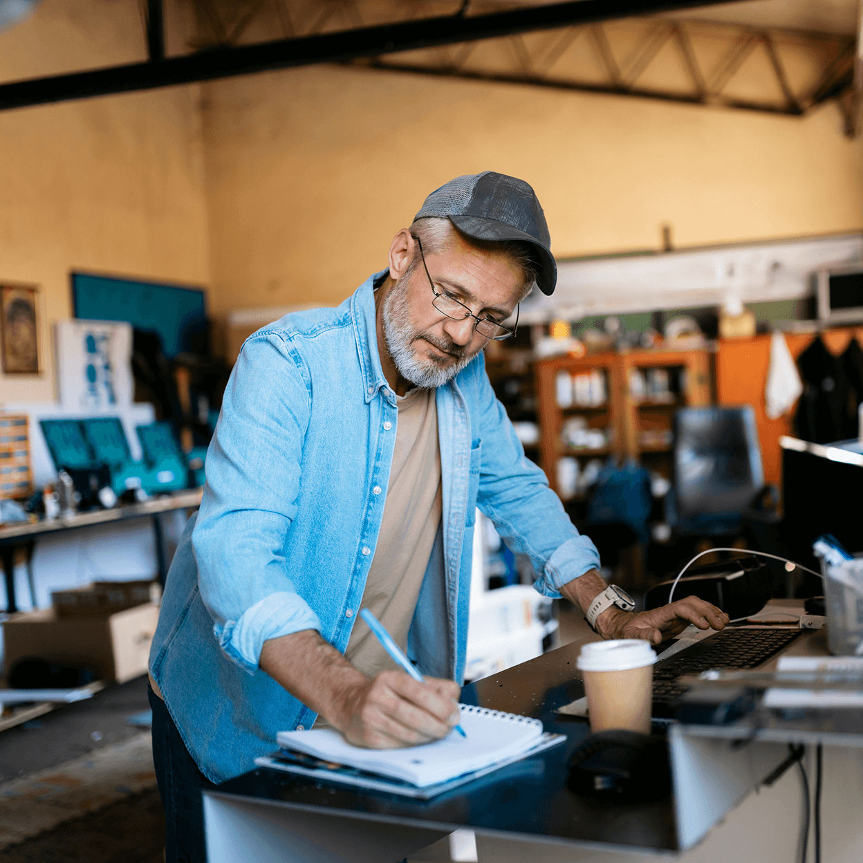 Man working behind desk, writing on paper