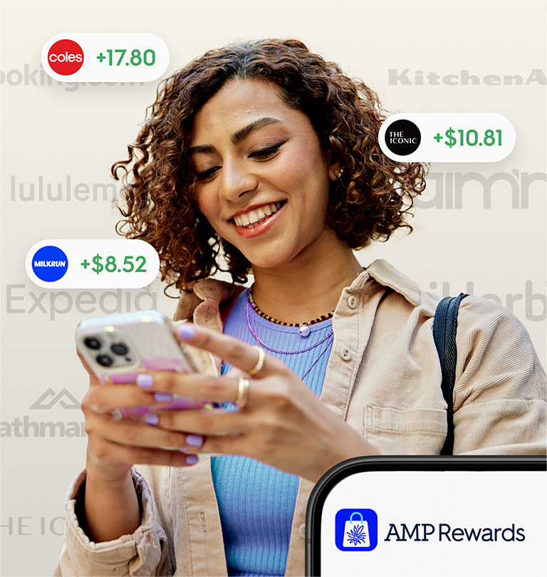 Woman using phone, transaction prompts floating around her