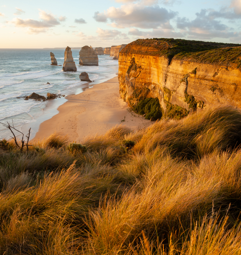 Scenic coastal landscape of the Twelve Apostles rock formations in Victoria.