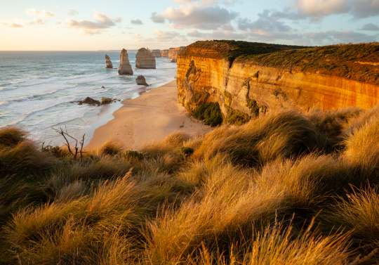 Coastal cliffs overlooking the ocean at sunset.