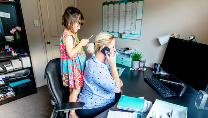 Banking woman child phone