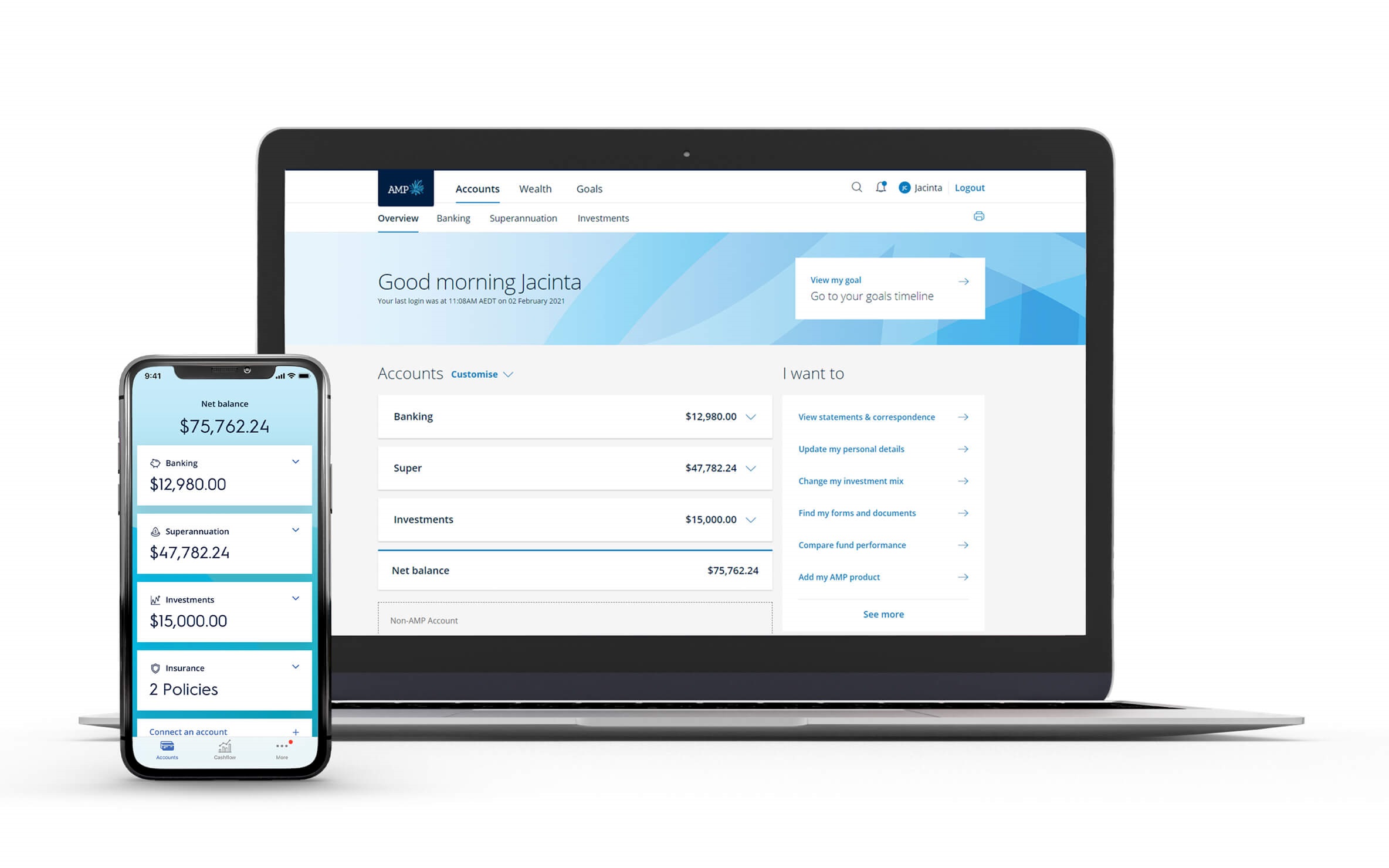 AMP Bank account dashboard displayed on laptop and smartphone