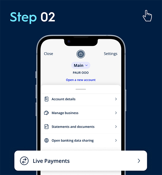 Live payments section of app