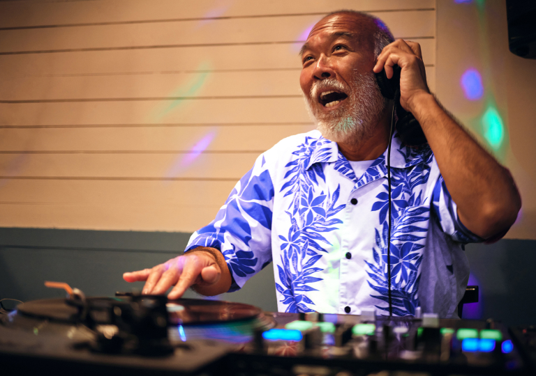 Old man with DJ console