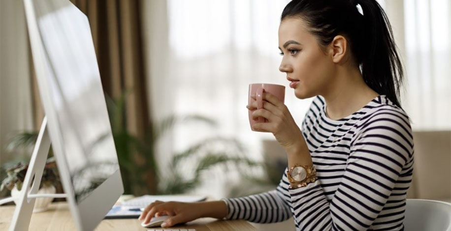 Woman with pink mug